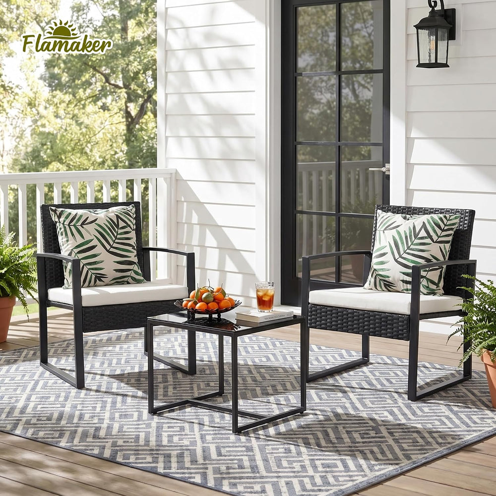 Flamaker 3 Pieces Patio Furniture Set Outdoor Wicker Bistro Chair (White)