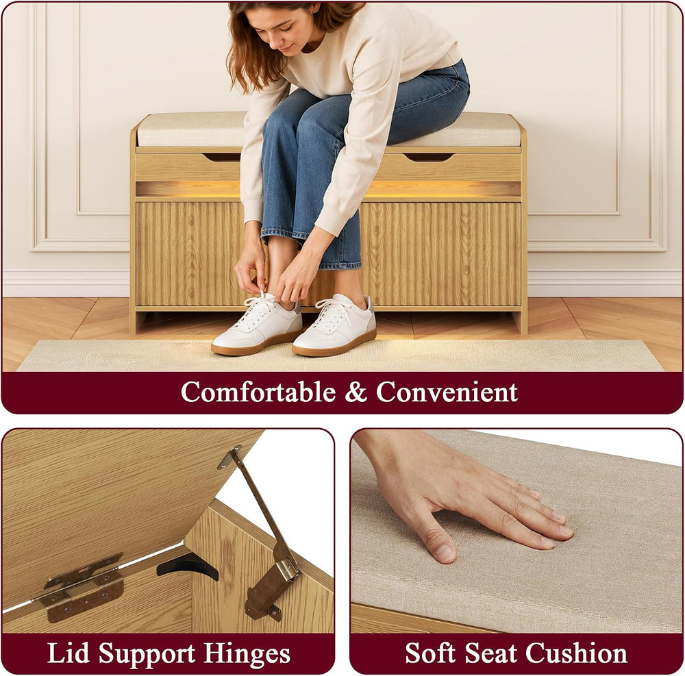 HOMEFORT Shoe Storage Bench, Modern Entryway Bench with Fluted Doors & Bu...