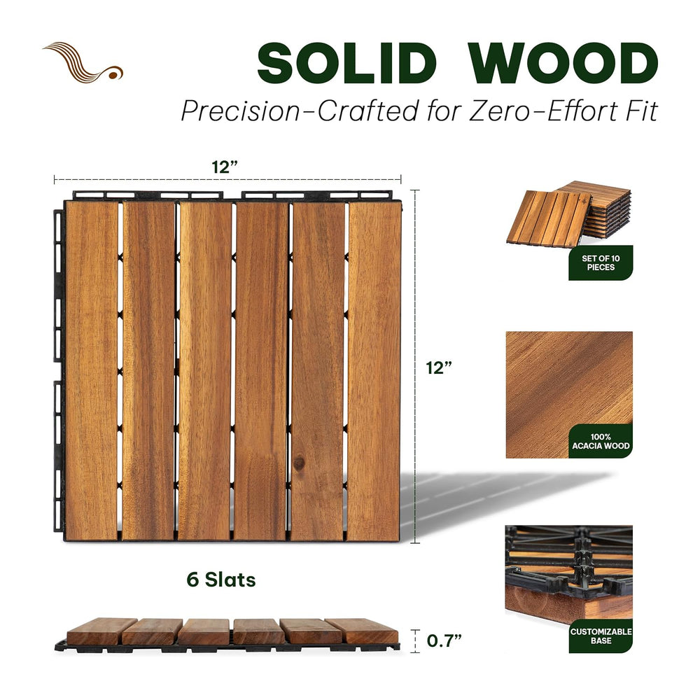Acacia Interlocking Deck Tiles, 10 PCS Wood Flooring, 6 Slats, Honey Oak