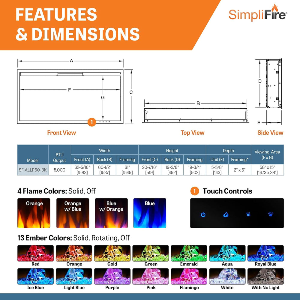 SimpliFire 60-Inch Allusion Platinum Linear Electric Fireplace (SF-ALLP60-BK)