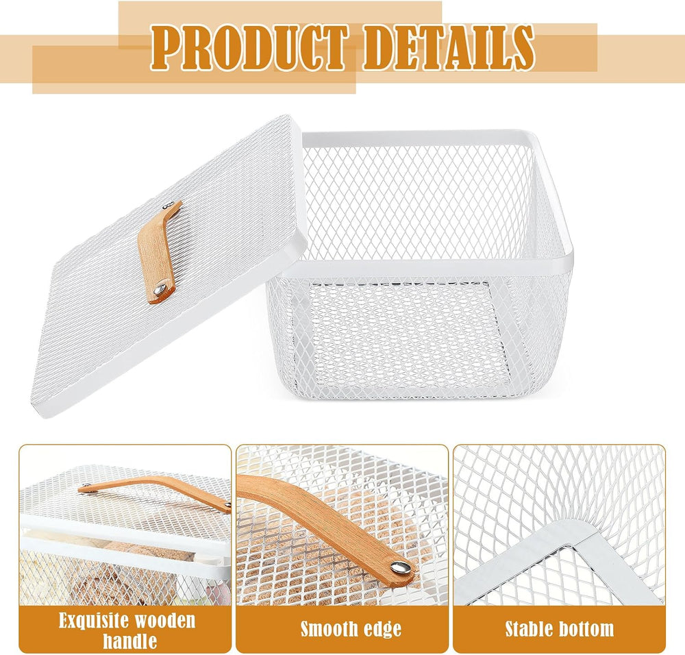 Tandefio 4 Pcs Metal Mesh Basket with Lid and Wooden Handle 9.65 x 7.68 Inch ...
