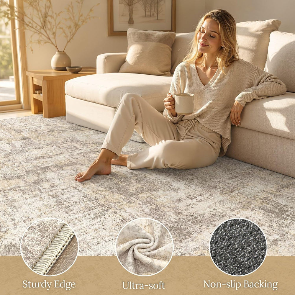 cotiled 10x12 Area Rug for Living Room: Washable Soft Abstract Rugs Beige