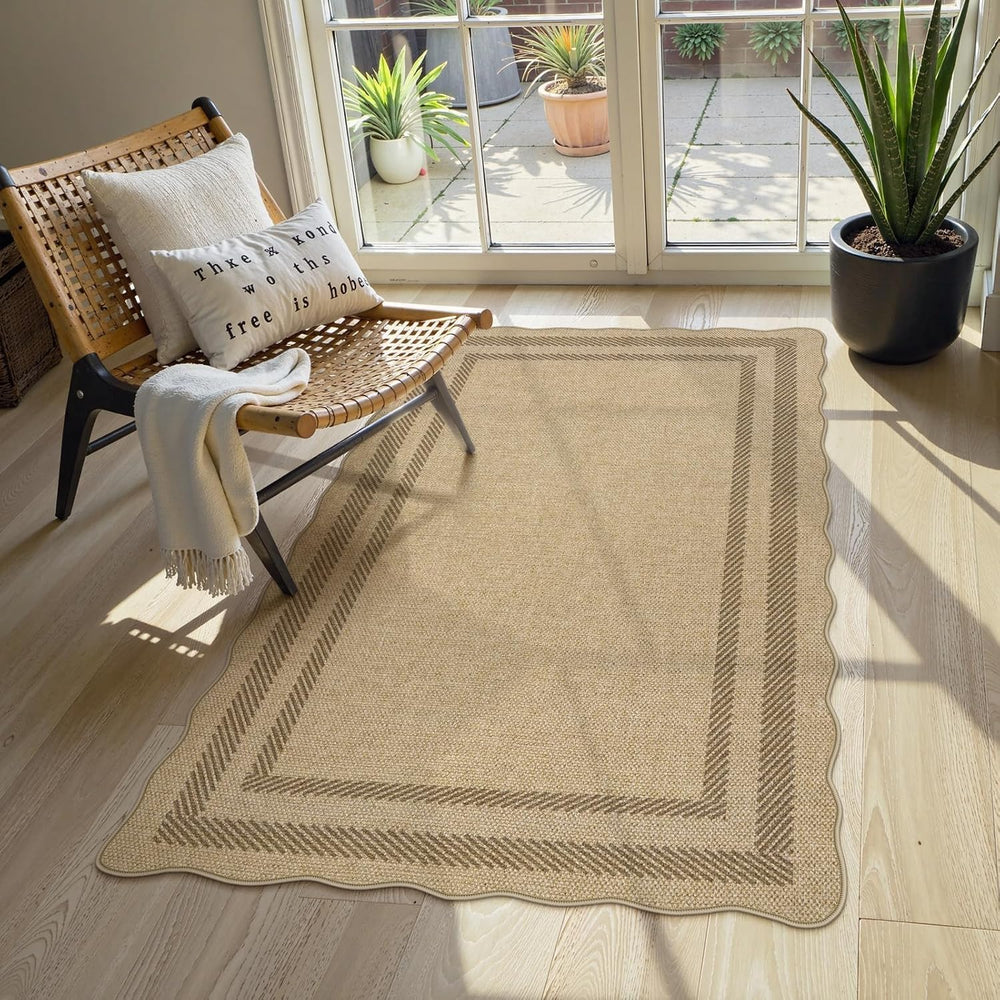 LIVEBOX Scalloped Easy Jute 3x5 Outdoor Rug, Washable Non-Slip Geometric Tan ...
