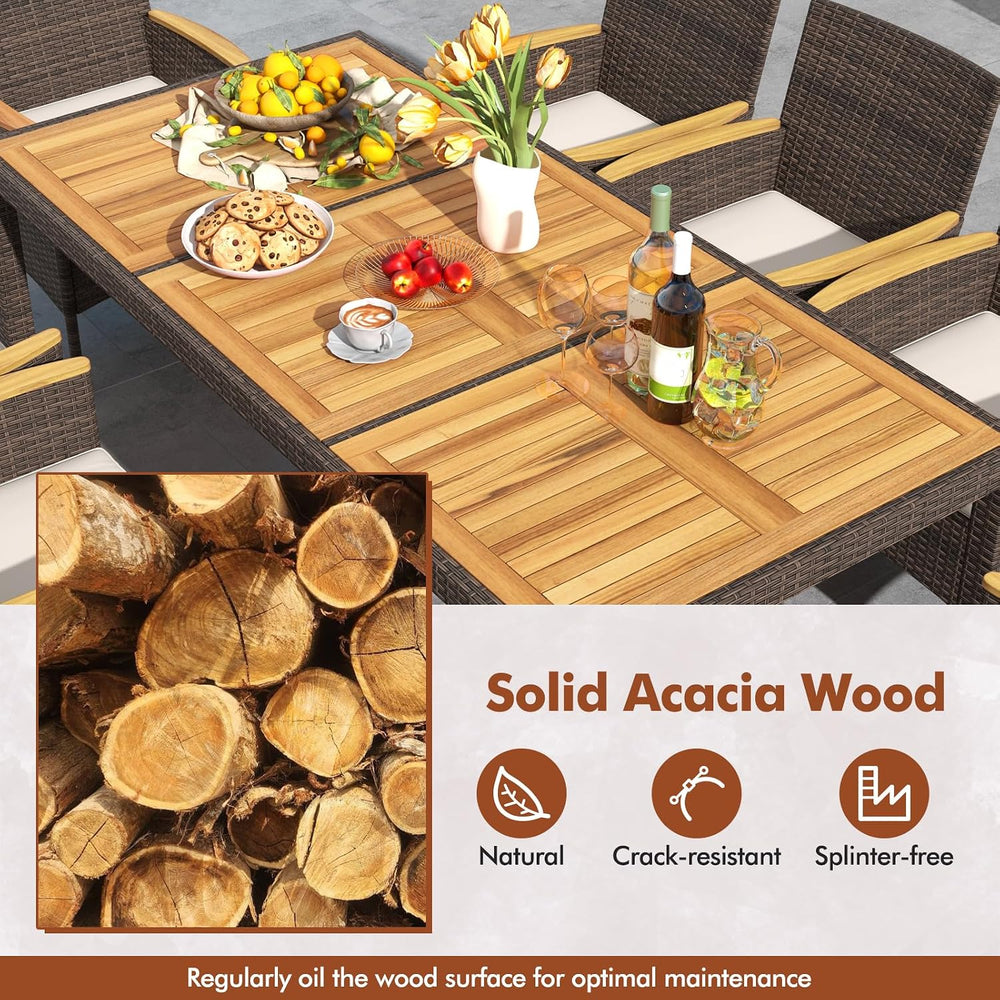 COSTWAY 9-Piece Patio Rattan Wicker Dining Set for 8 with Umbrella Hole
