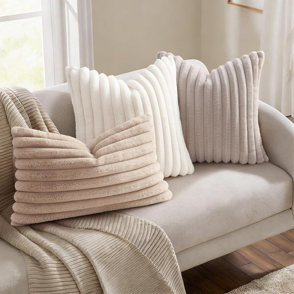 Simmore Faux Fur Striped Tan Throw Pillow Covers 26x26 Set of 2