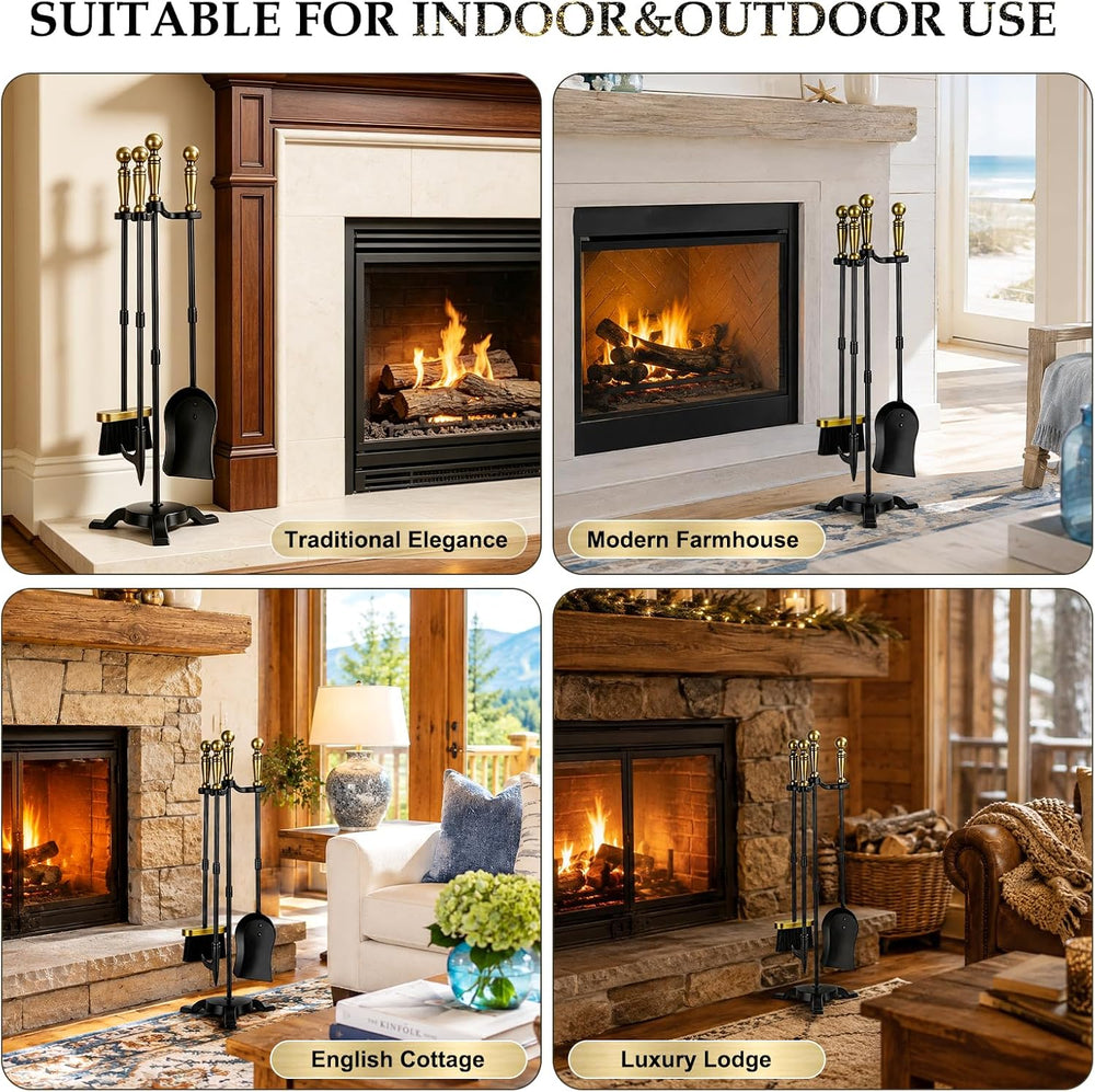 FEED GARDEN 4-Piece Fireplace Tools, Antique Brass Handle, 30" Wrought Iron