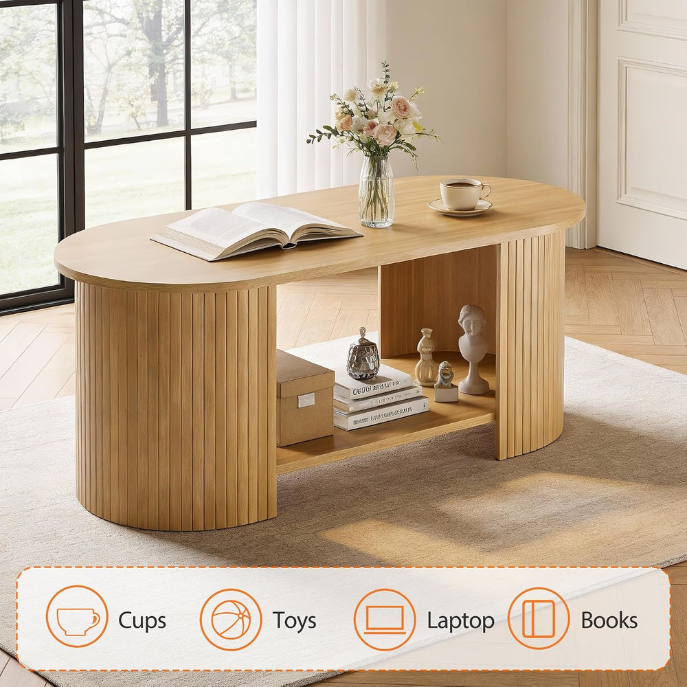 MXV Oval Fluted Coffee Table, 2-Tier Mid Century Modern Center Table, Tea Tab...