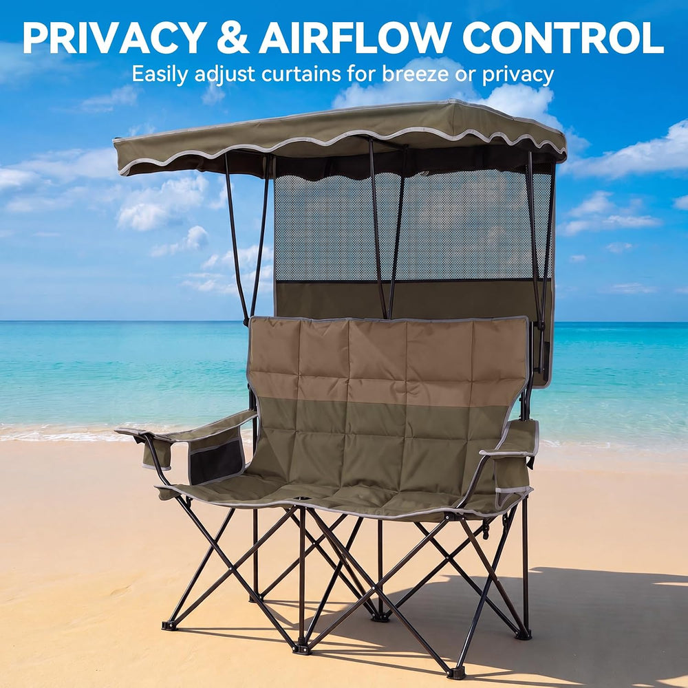 Padded Double Camping Chair With Canopy,Folding Chair Support 450LBS, Green