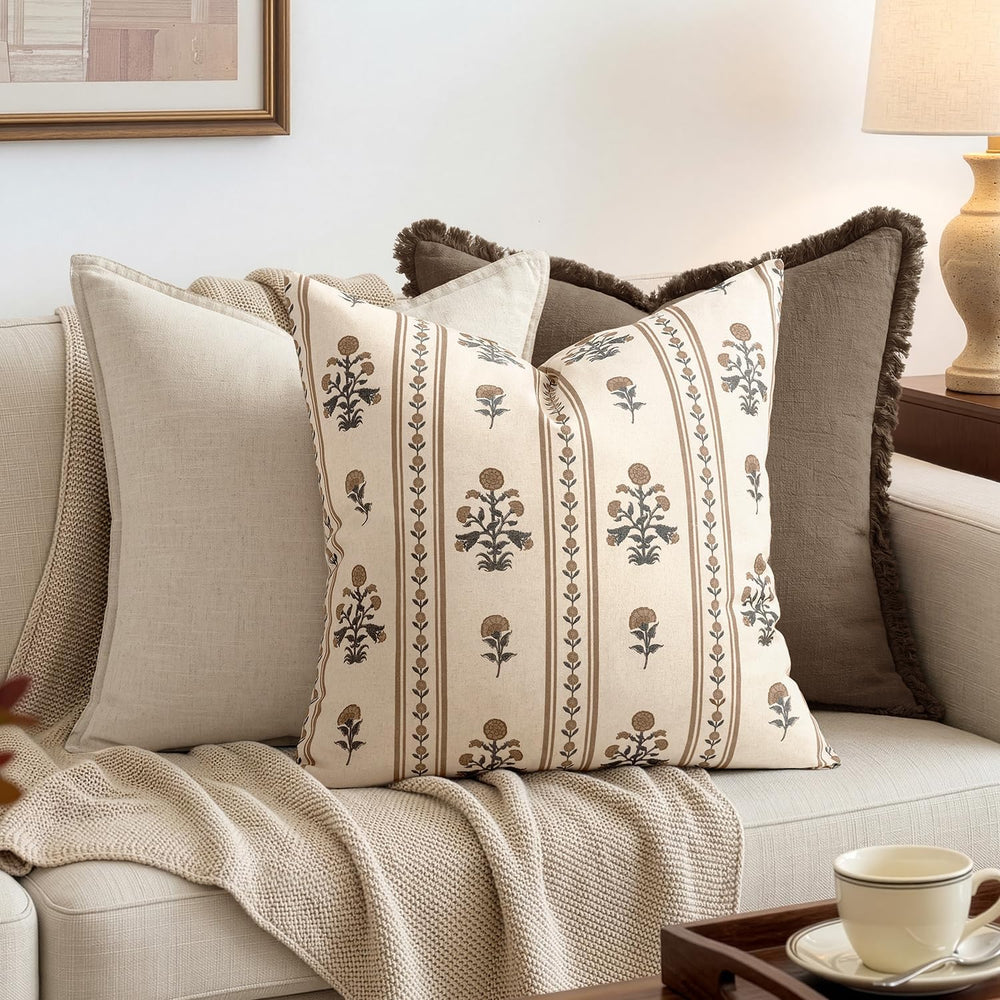 Striped Euro Floral Throw Pillow Covers 24x24 Inch Set of 2 Brown