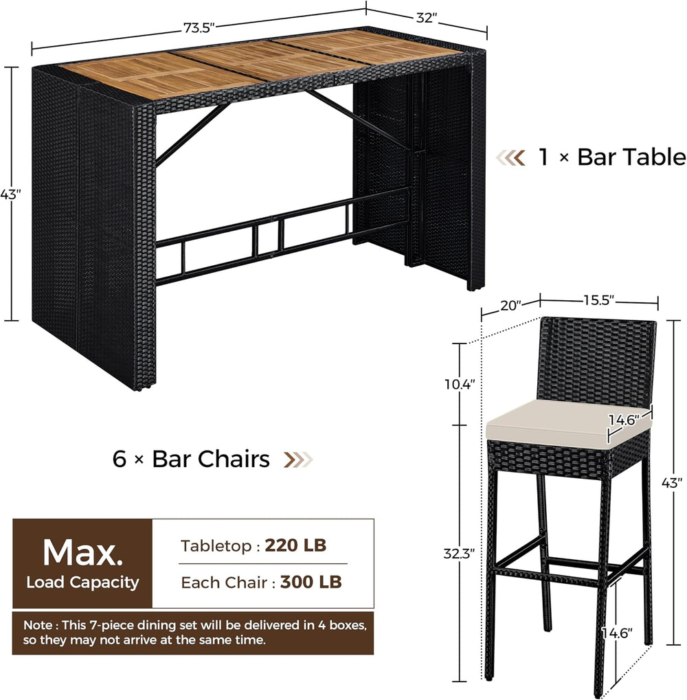 Topeakmart Outdoor Wicker Bar Table and Chairs Set, 6 Removable Cushions