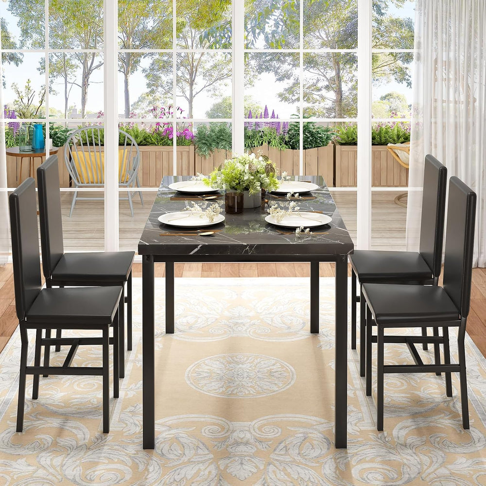 Hooseng Dining Table Set for 4, Modern Faux Marble Kitchen Table with 4 PU Le...
