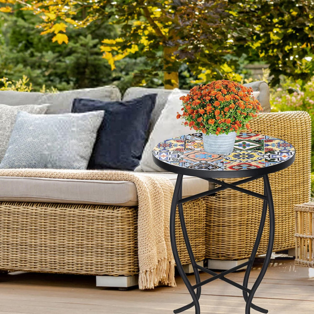 VCUTEKA Mosaic Outdoor Side Table, 14" Round Small Patio Accent Table