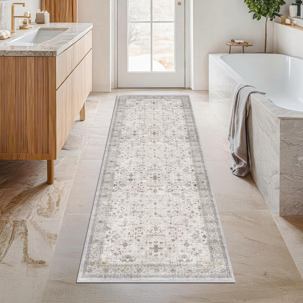 Hazo Haus Washable Neutral 2x6 Bathroom Runner Rug, Vintage Kitchen Floor Mat...