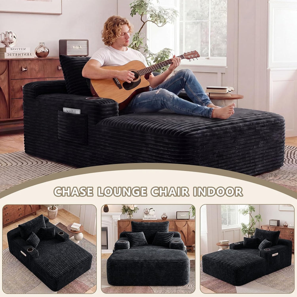 65" Chaise Lounge Chair Indoor with Cup Holders & Side Pocket, Overs...