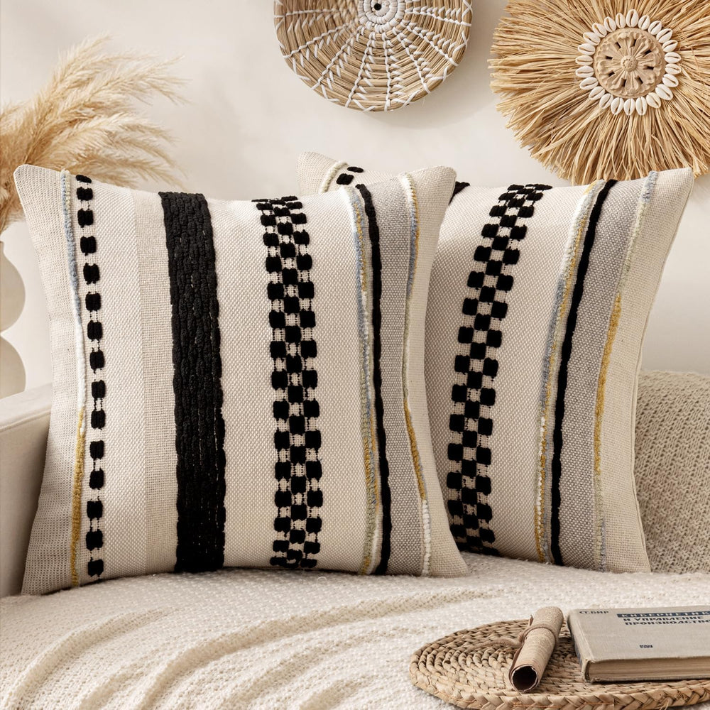 ANRODUO Boho Decorative Pillow Covers 20x20 Inch Black Stripe Pack of 2