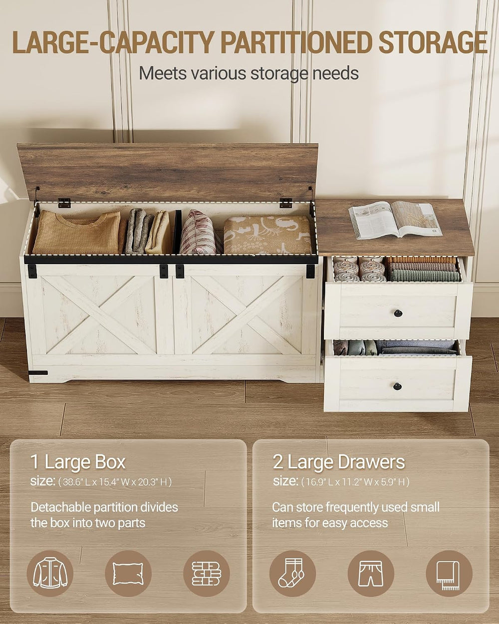 Hzuaneri 59" Farmhouse Storage Chest with 2 Drawers | 60 Gal | Retro White