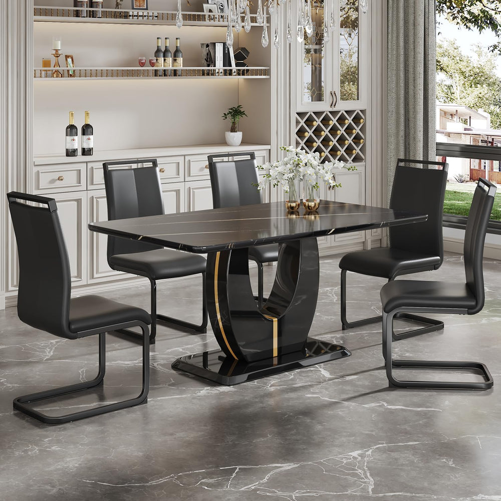 JUFU Modern Dining Table Set for 6,Rectangula Kitchen Table Set with Faux Mar...