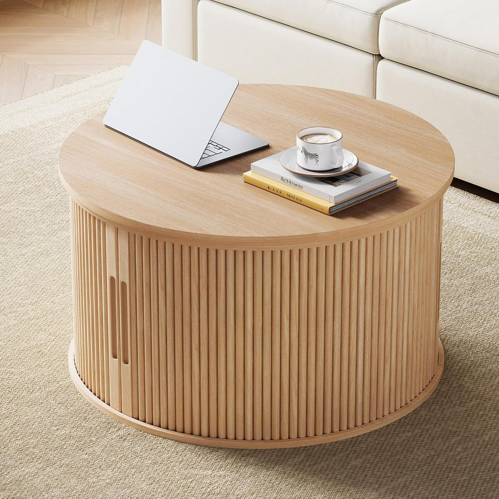 LINSY Lift Top Coffee Table, Round Fluted Coffee Table with Storage, Boho Woo...