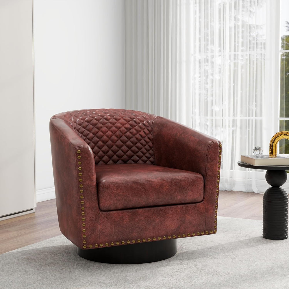 Faux Leather Swivel Accent Chair, Barrel Club Armchair, Red Brown