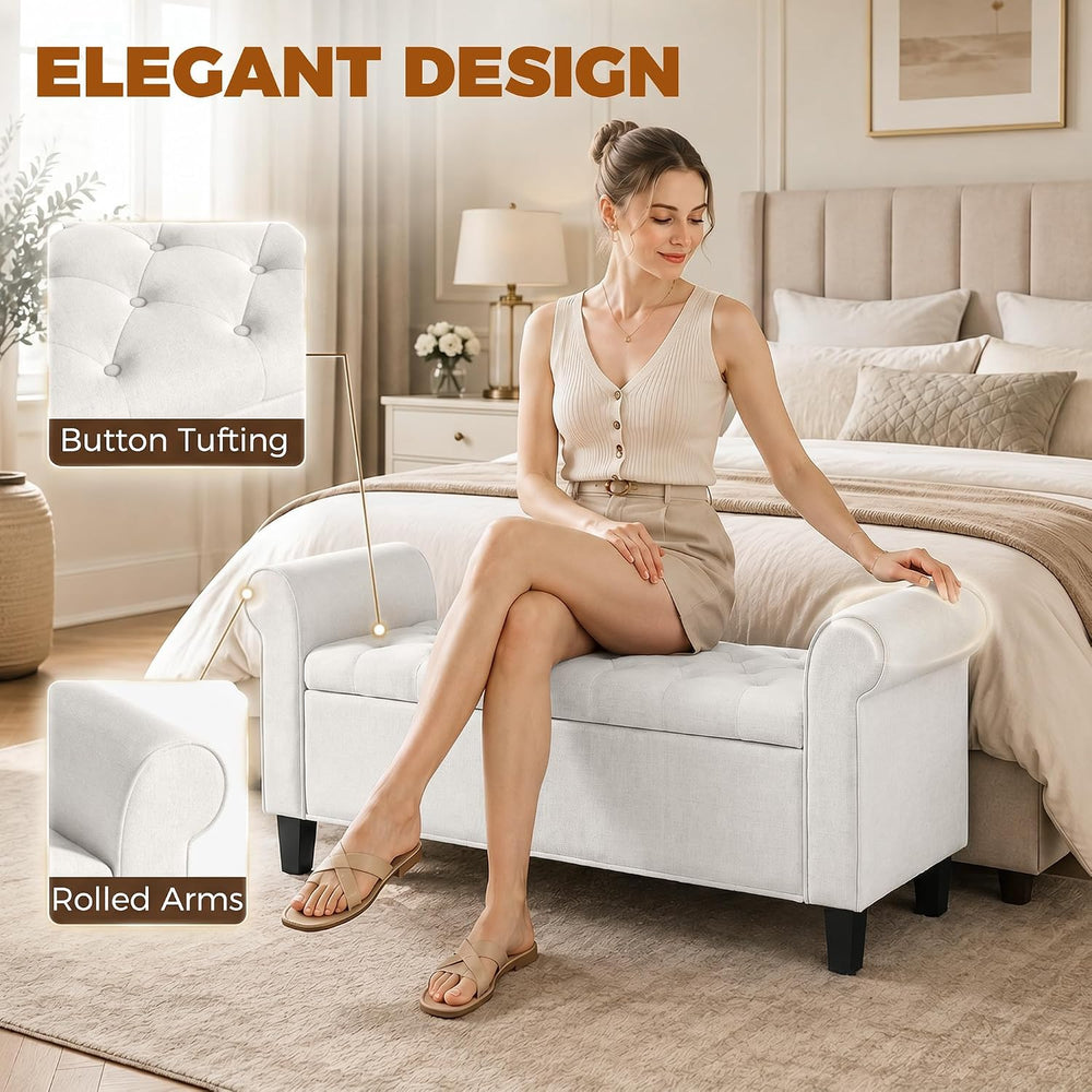 HOMCOM 47" Storage Ottoman End of Bed Bench with Rolled Arms Cream White