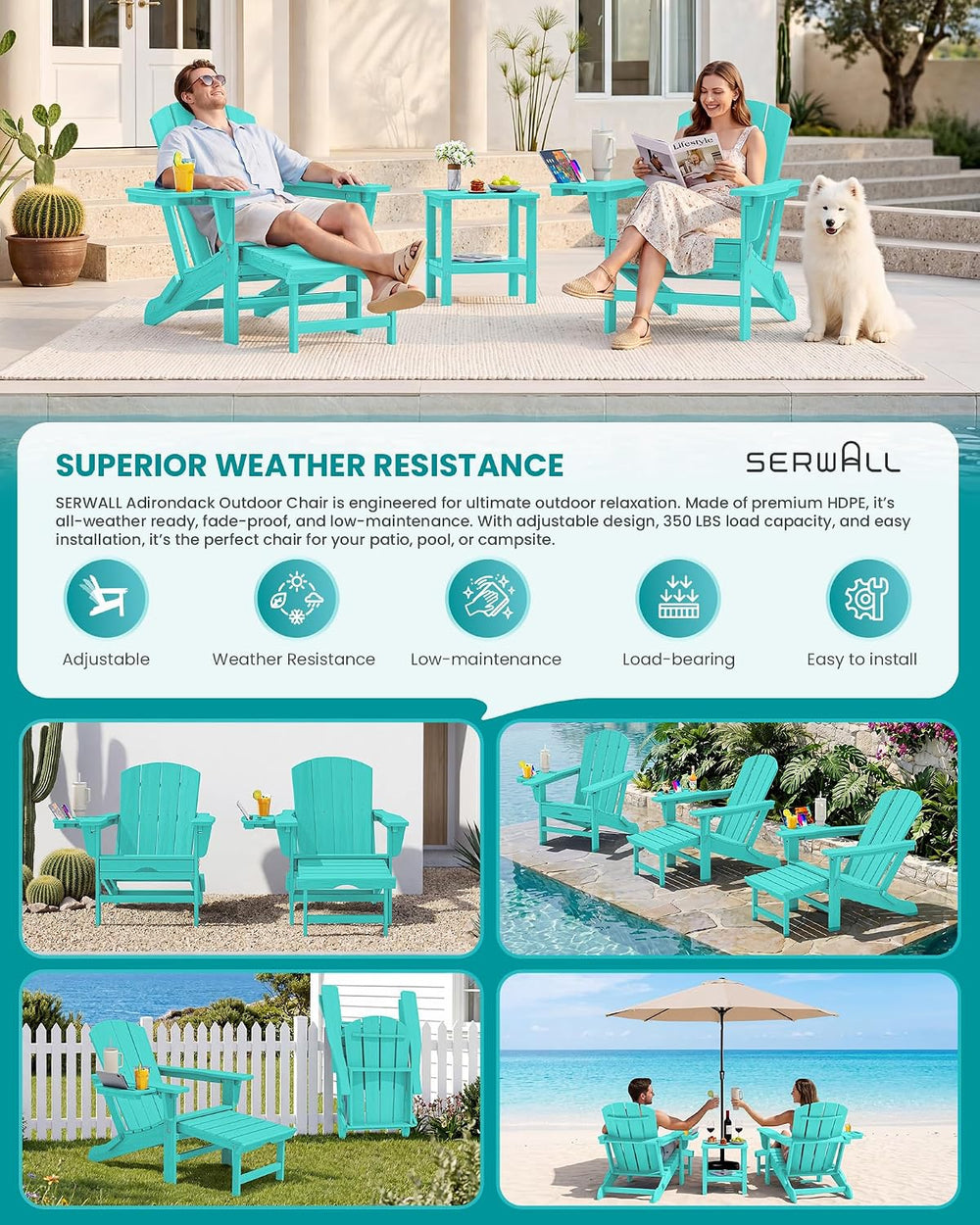 SERWALL Folding Adjustable Adirondack Chairs with Footrest Set of 4, HDPE Out...