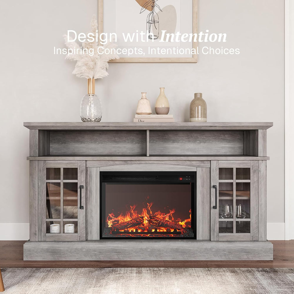 BELLEZE Astorga 58" TV Stand with 23" Electric Fireplace - Grey Wash