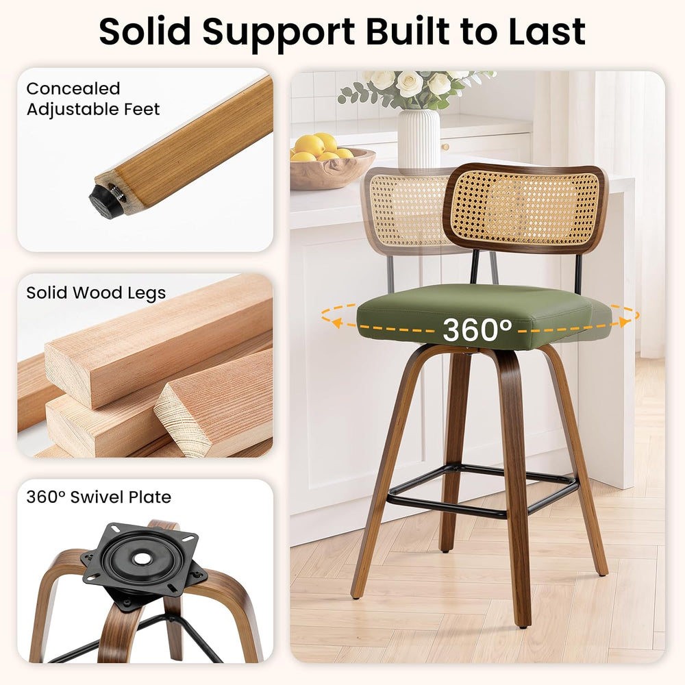 Swivel Bar Stools Set of 2, Counter Height Bar Stool with Rattan Back