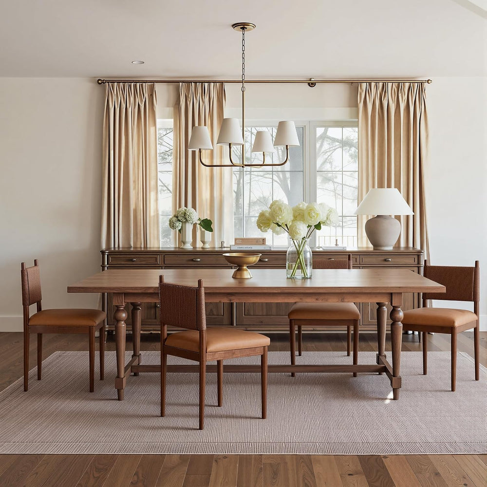 CIMOTA Leather Dining Chairs Set of 4, Woven Back/Walnut Wood/PU Brown