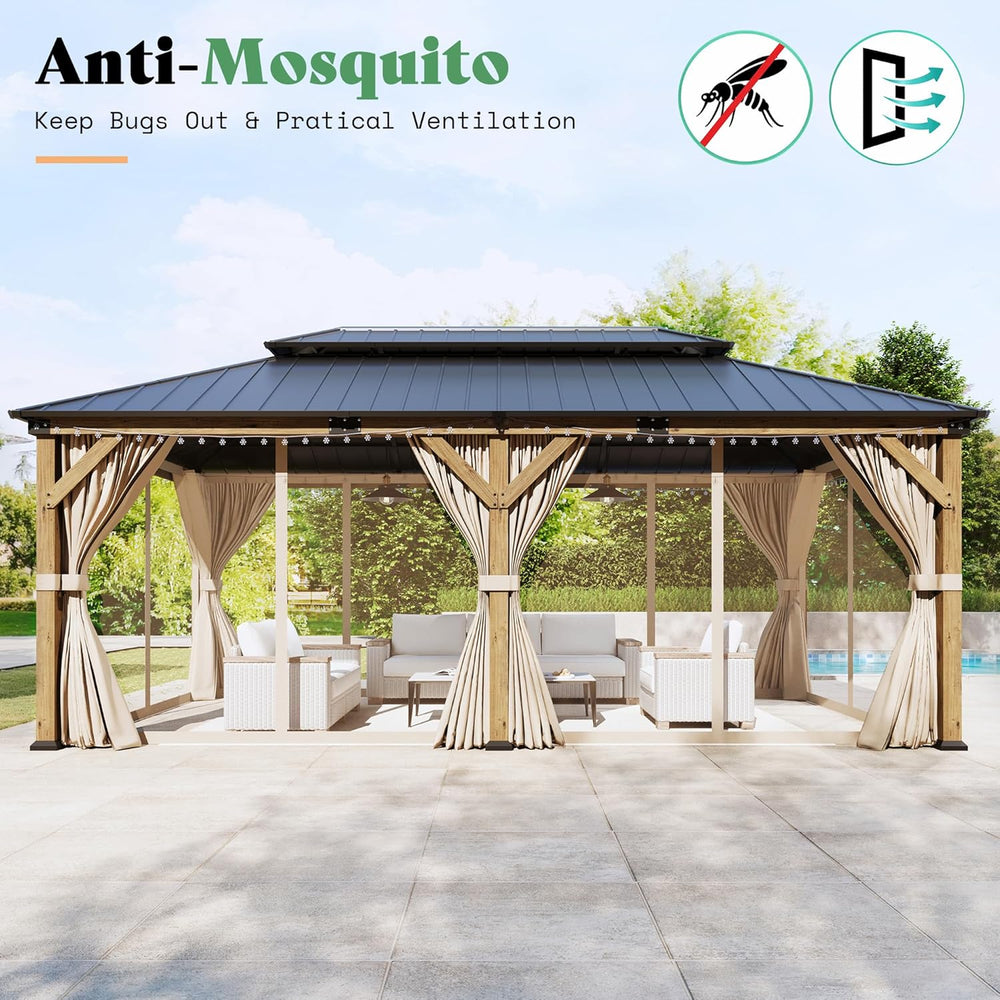 AMERLIFE 12x20FT Hardtop Gazebo with Double Roof, Privacy Curtain & Netting