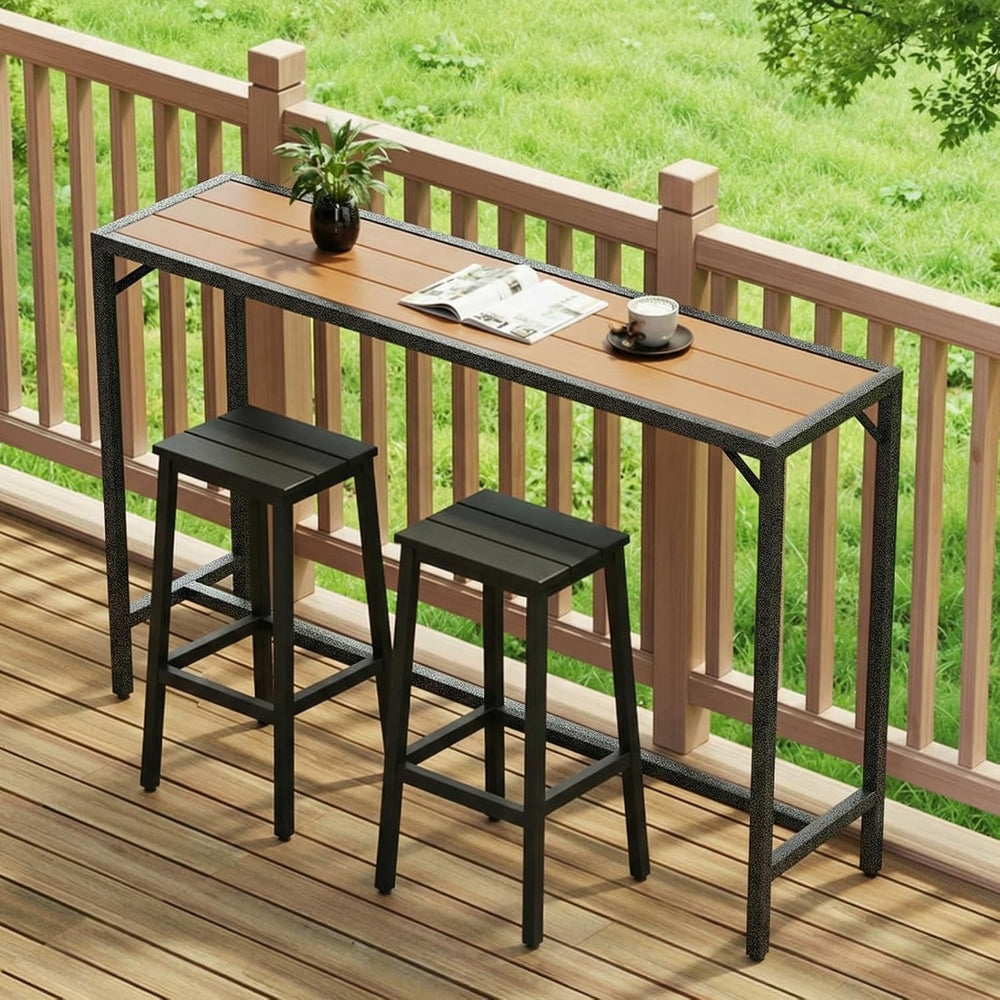 TLSUNNY 63" Patio Bar Table, Sturdy Outdoor Counter Height Table, Teak