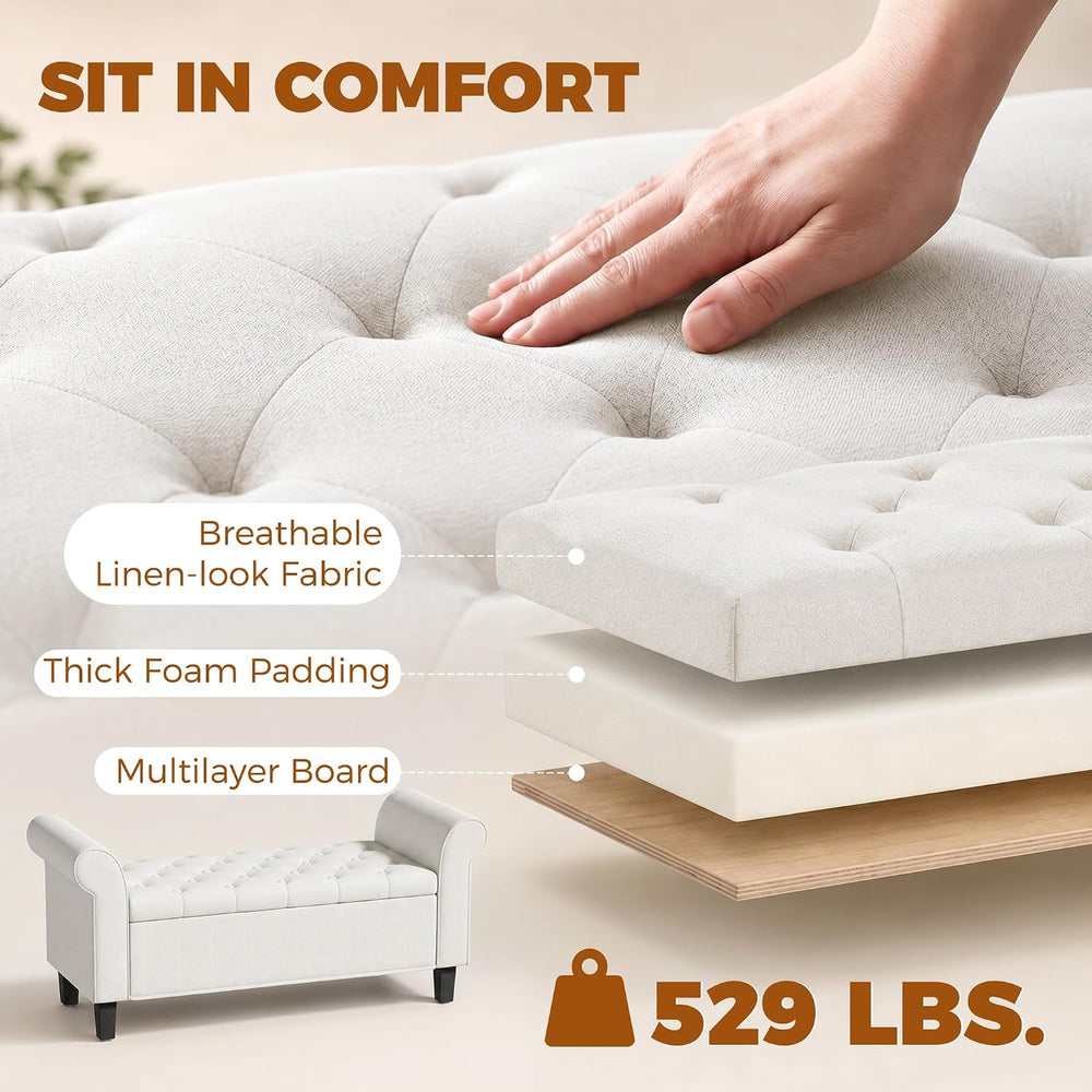 HOMCOM 47" Storage Ottoman End of Bed Bench with Rolled Arms Cream White