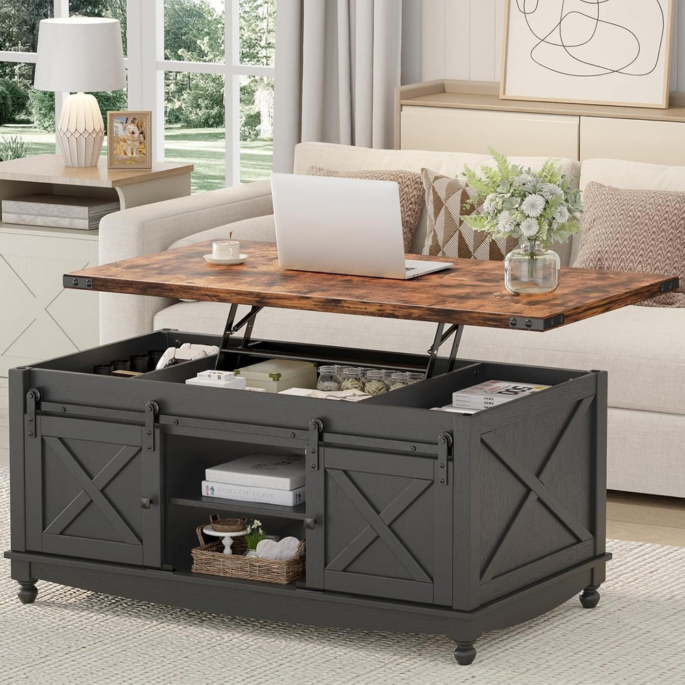 ALLSTAND 48" Farmhouse Lift Top Coffee Table with Storage Sliding Barn D...