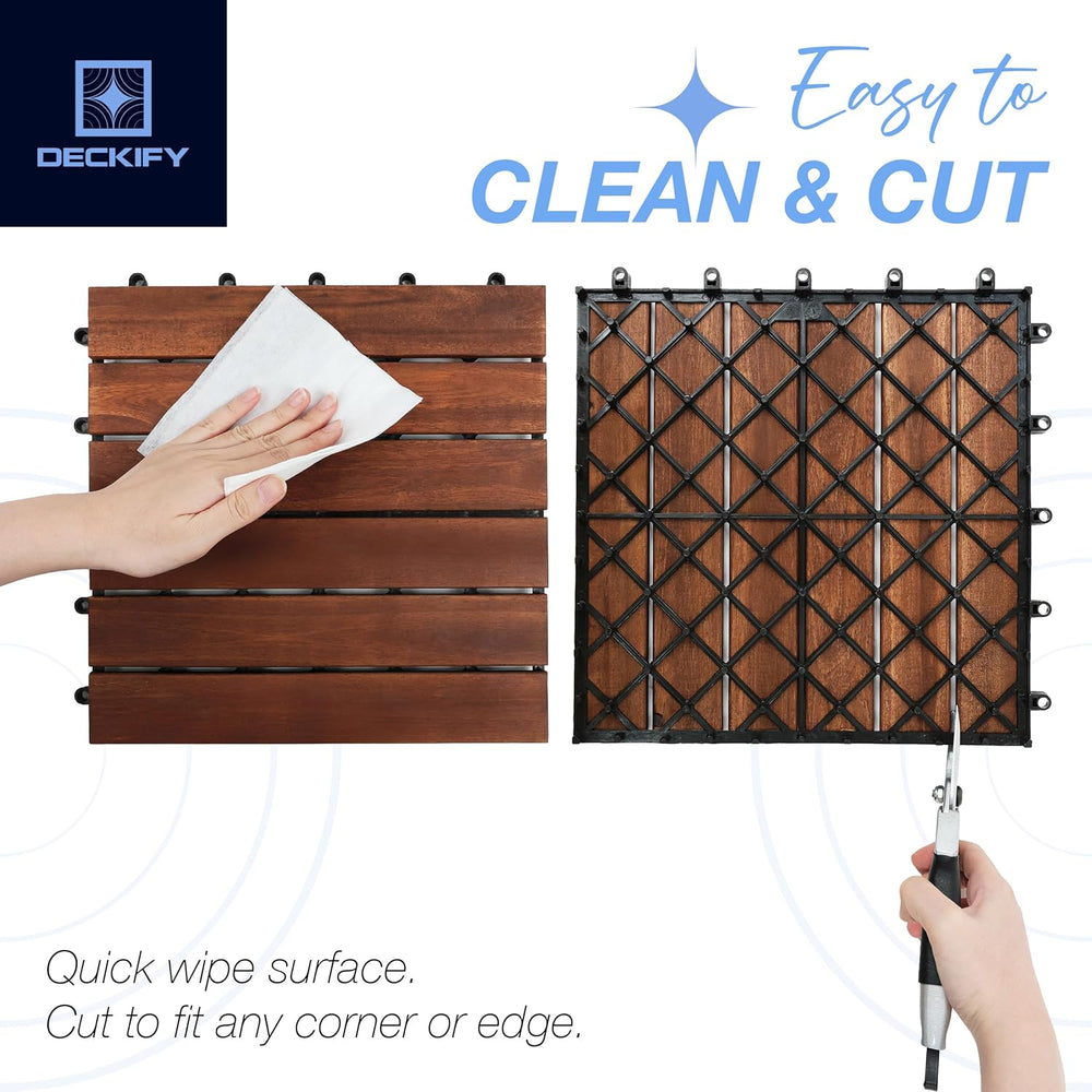 9-Piece Acacia Wood Interlocking Deck Tiles, Dark Brown Striped