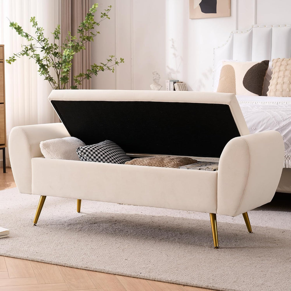 56" Storage Bench for Bedroom King Size Bed, Gold Legs, Velvet Ivory White