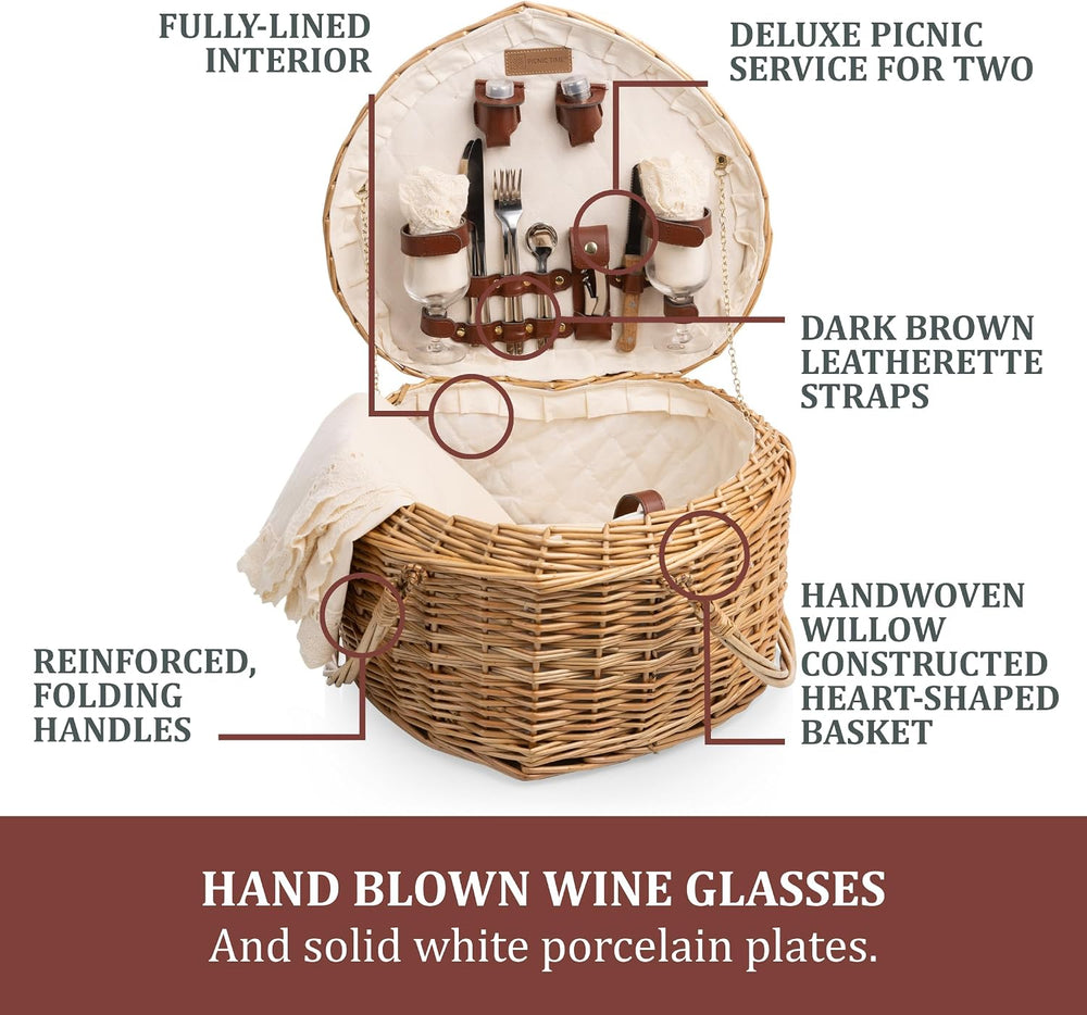 PICNIC TIME Heart Picnic Basket for 2, Wicker Basket with Handle, Complete De...