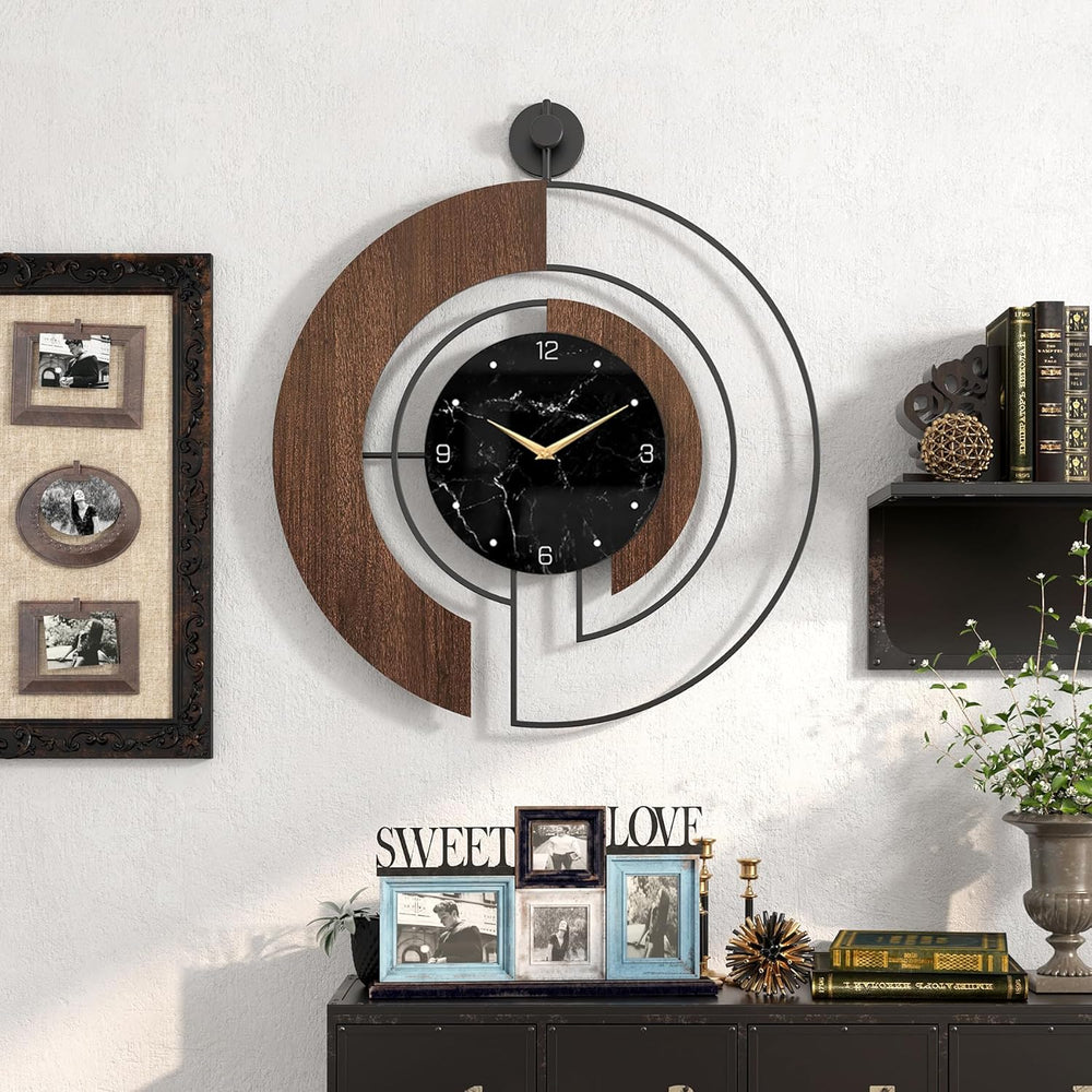 Modern Walnut Marble Dial Wall Clock, Large Wood Metal Frame Silent Non Ticki...