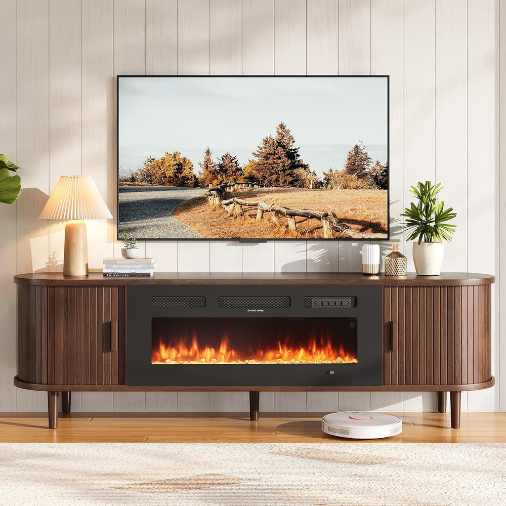 70" Mid Century Modern TV Stand with Fireplace, Fluted Fireplace TV Stan...