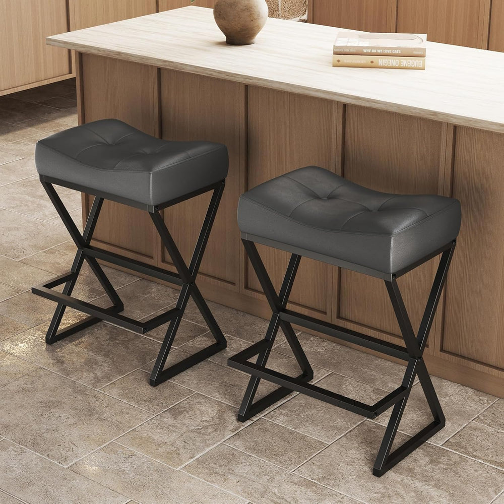 Counter Height Bar Stools Set of 2, Backless 26" Saddle Barstools, Grey