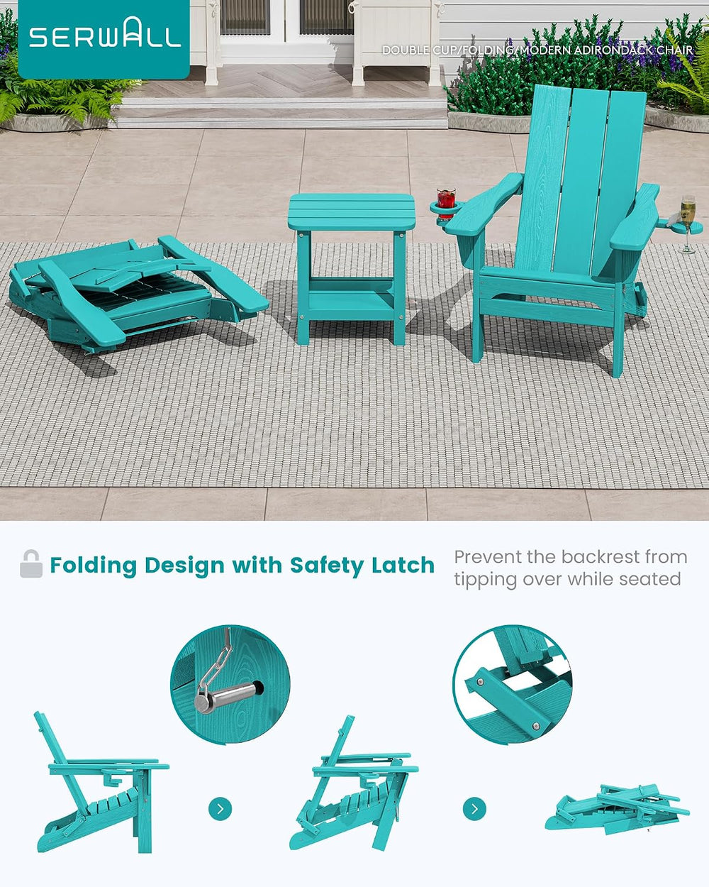 SERWALL Modern Folding Adirondack Chairs Set of 2, HDPE, Cup Holders, Teal