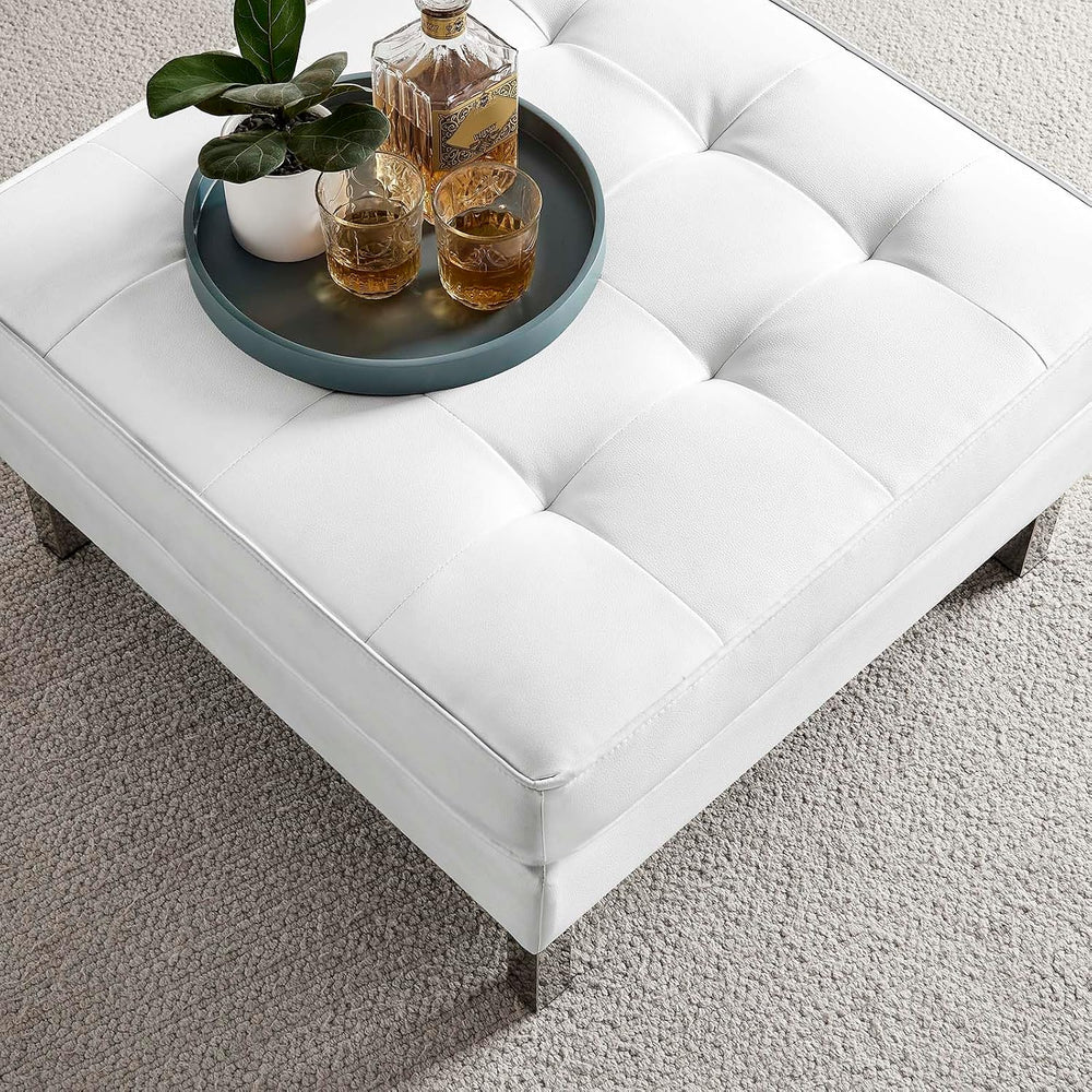 Modway Loft Tufted Button Faux Leather Upholstered Square Ottoman in Silver W...