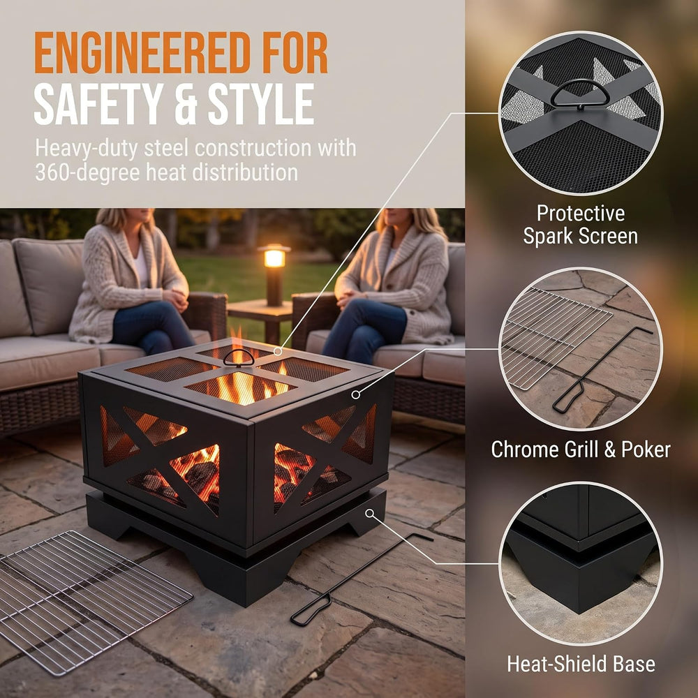 Kingson 20" Square Outdoor Fire Pit with X-Frame Mesh Design, Portable 2...