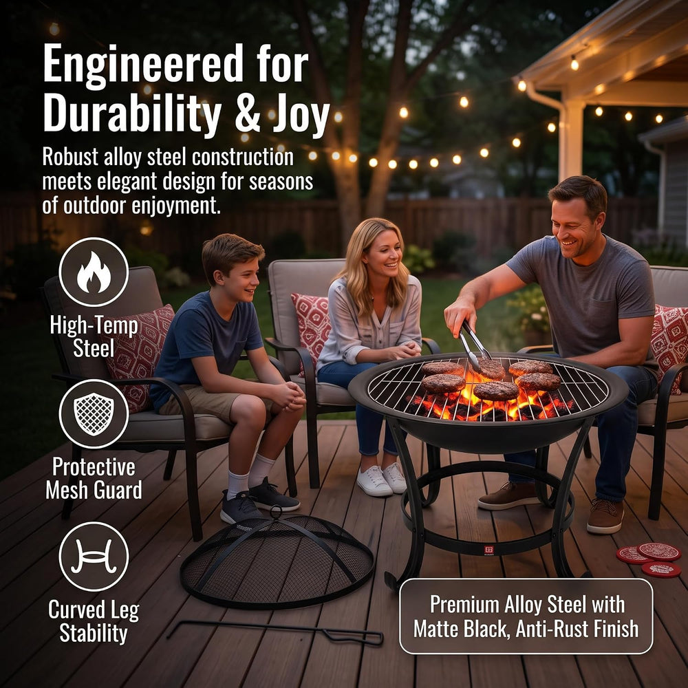 Fire Beauty 22" Wood Burning Fire Pit with 2-in-1 BBQ Grill & Spark ...