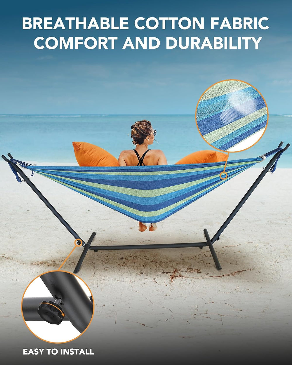 Everyfun Double Hammock with Stand for 2 Person, 600 lb Capacity, Wide Blue