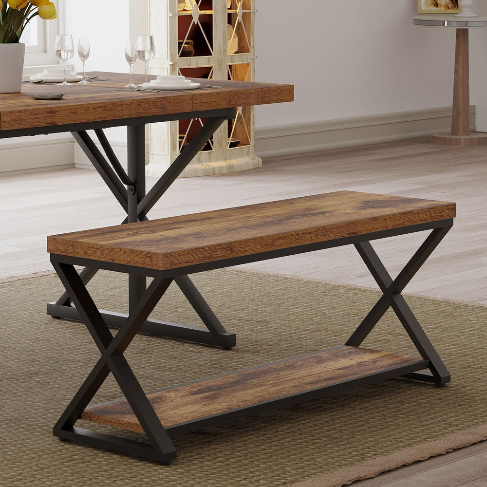 IBF Rustic Entryway Bench with Storage, Rustic Brown Wood and Metal Bench