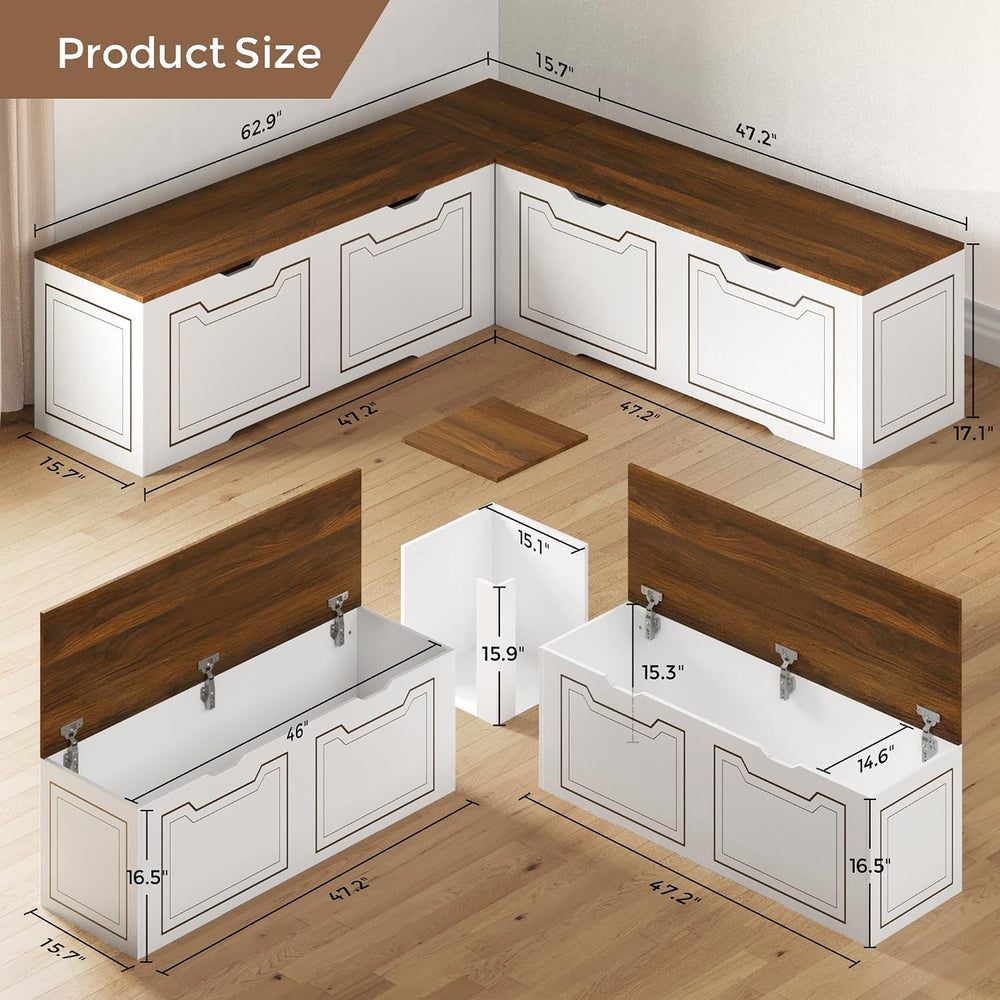 L Shaped Storage Corner Bench, 63" Breakfast Nook, Flip-Top Storage Comp...