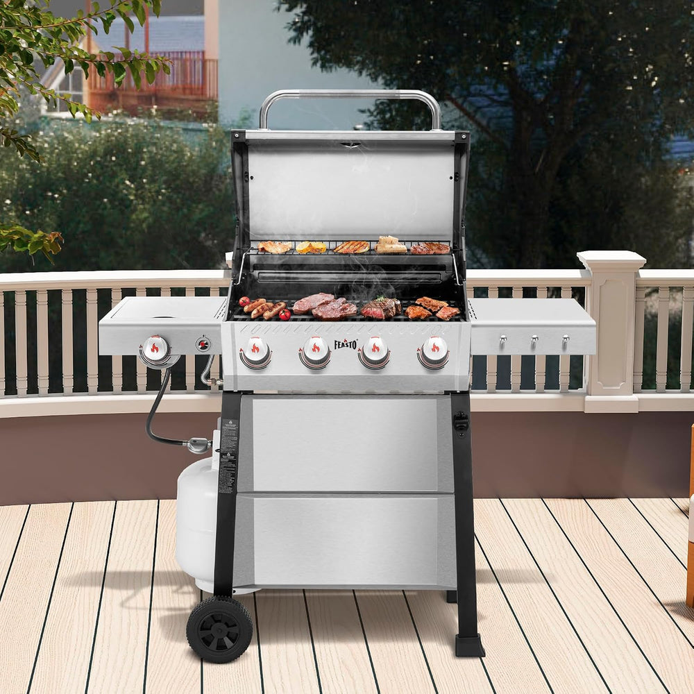 Feasto 4-Burner Propane Grill with Ceramic Burner Chamber & Side Burner