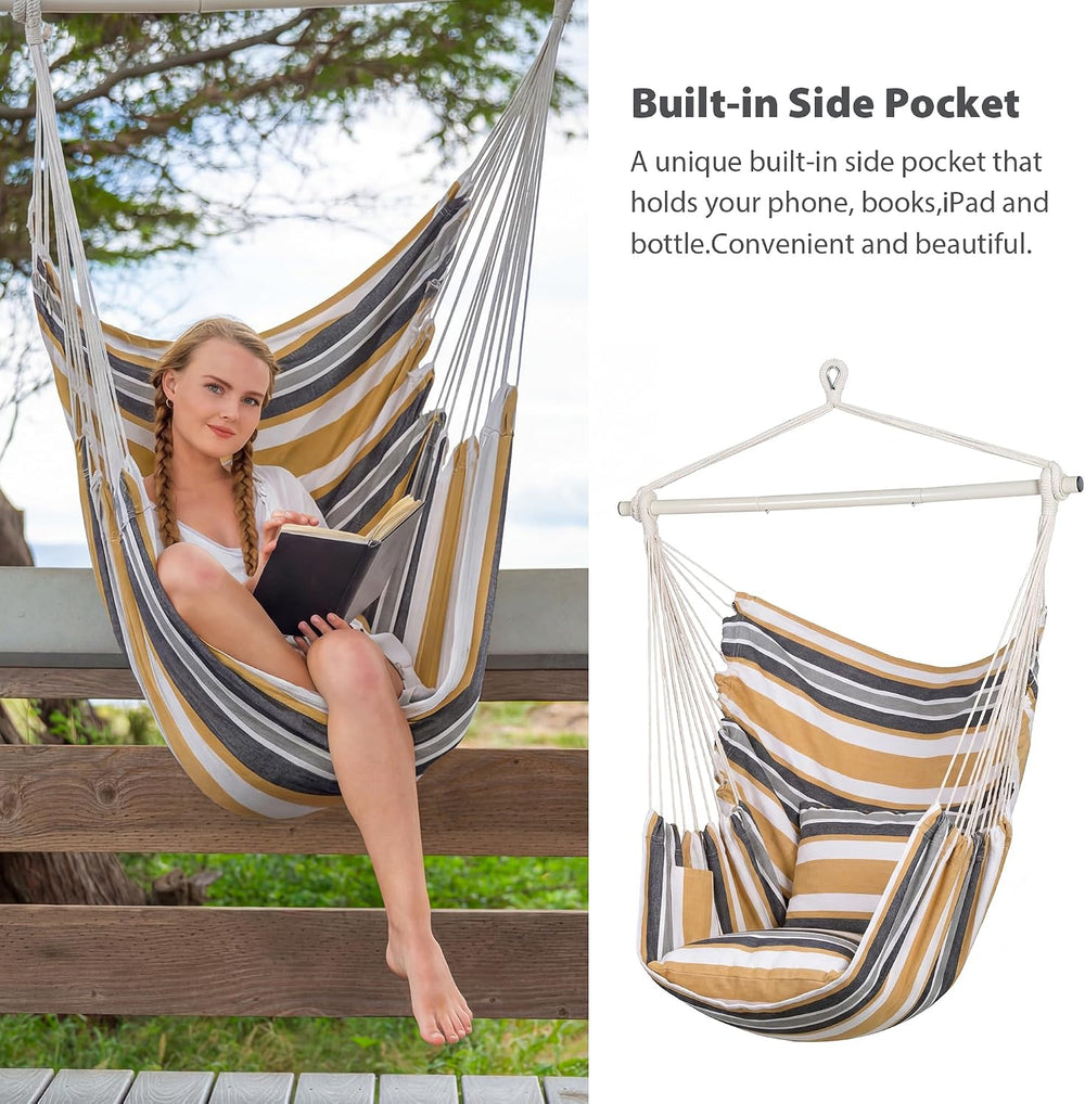 SUNCREAT Hammock Chair Swing with Steel Support Bar, Coffee Stripes
