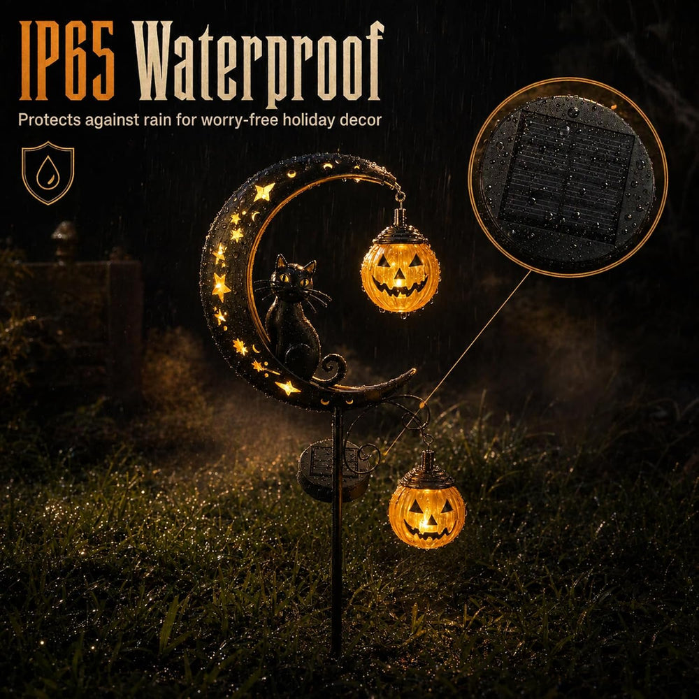 2 Pack Solar Halloween Pumpkin Moon Black Cat Garden Stake Lights Outdoor