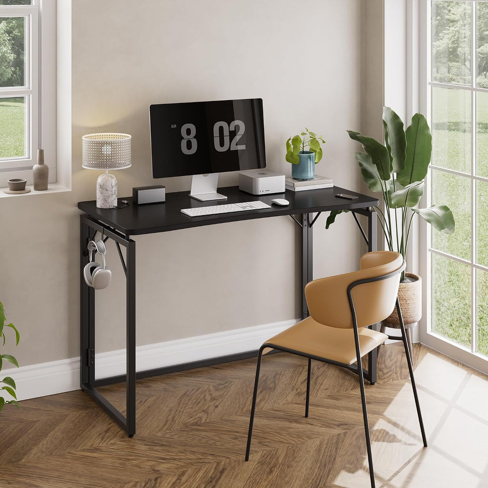 JOYMOOP 31.5" Black Folding Desk, No Assembly, Wooden Top, Small Size