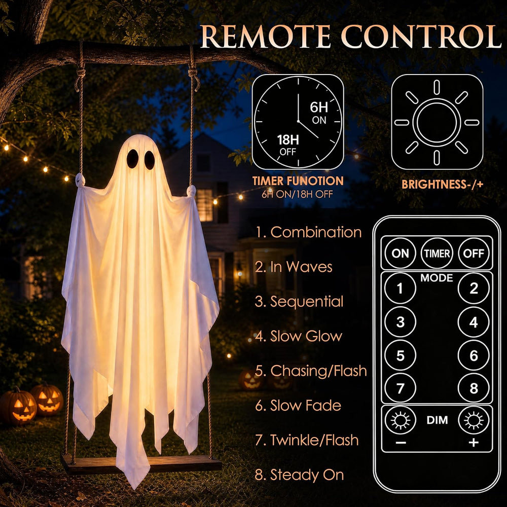 Hanging Ghost Halloween Decorations Outdoor, 7-12 FT Light Up Ghost Swing